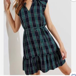 Ann Taylor Loft navy green plaid tie dress